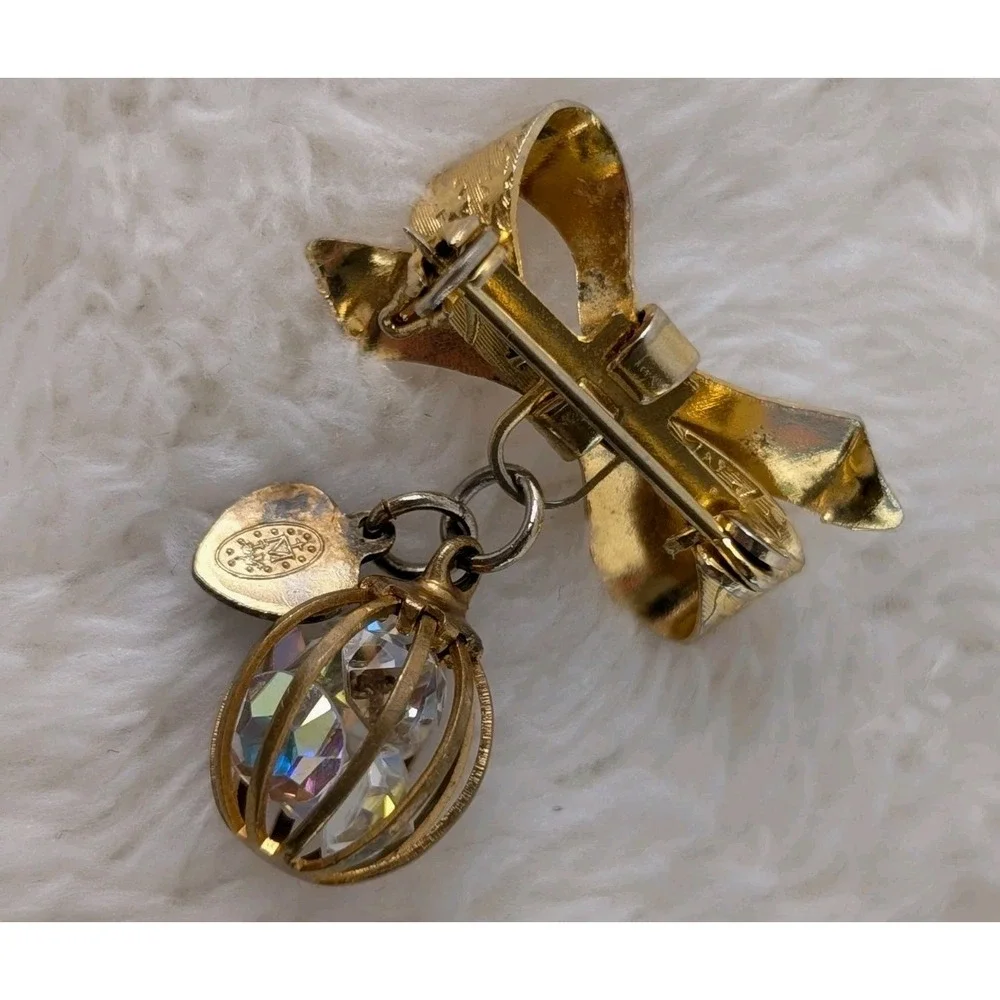 Vintage Gold Tone Bow Brooch Caged AB Crystal Charm‎ Heart Dangle 1960s Jewelry